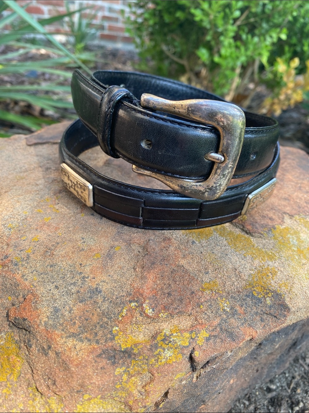 Fossil Black Leather belt with Silver Buckle and Rectangle Conchos